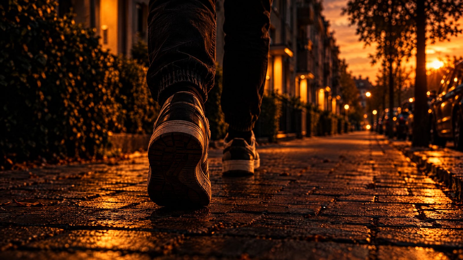 KI-generiertes Bild: Laufschuhe auf einem Gehweg im Abendlicht
