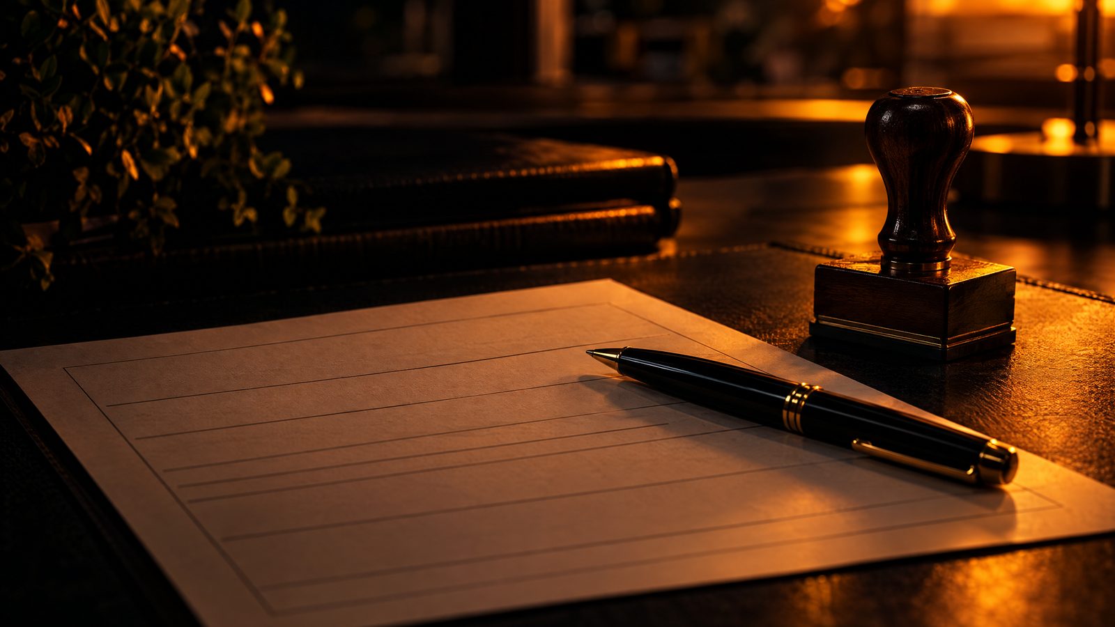 KI-generiertes Bild: Formular, Stift und Stempel auf einem Tisch in einem Amt