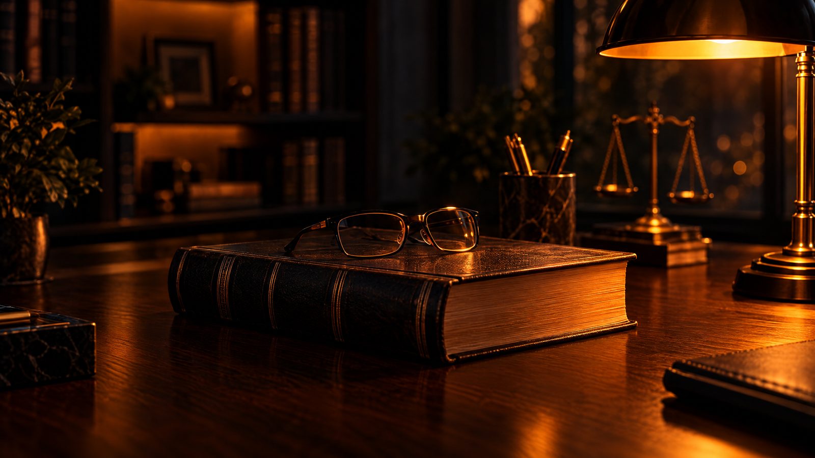 KI-generiertes Bild: Aufgeschlagenes Gesetzbuch mit Brille auf einem Schreibtisch