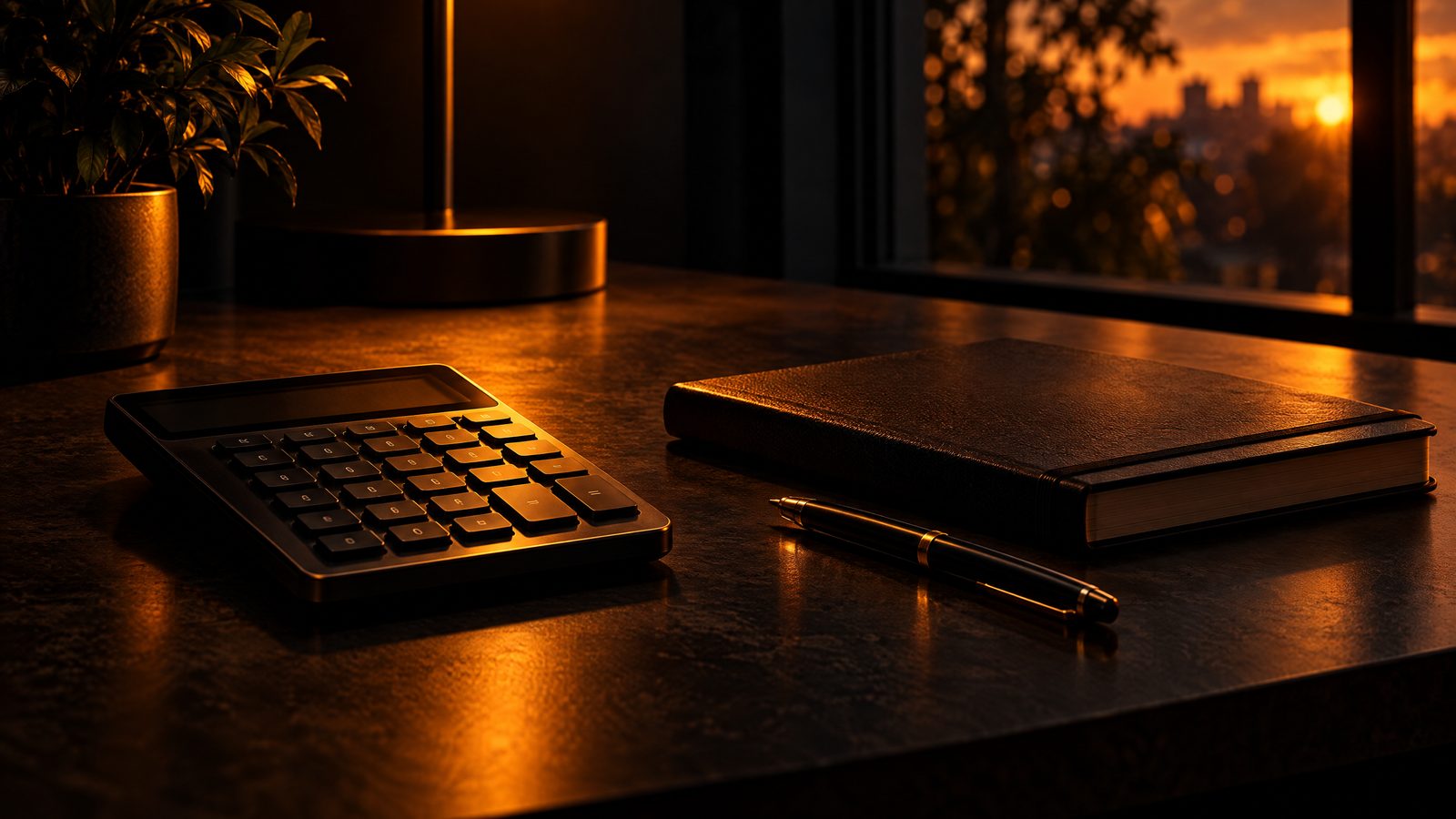 KI-generiertes Bild: Taschenrechner und Unterlagen auf einem Schreibtisch