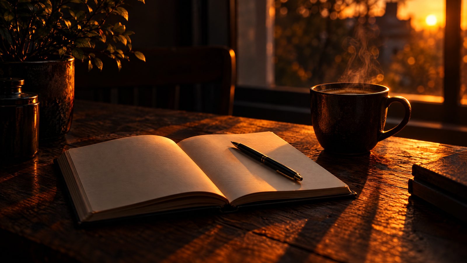 KI-generiertes Bild: Notizbuch und Kaffeebecher auf einem Tisch am Morgen