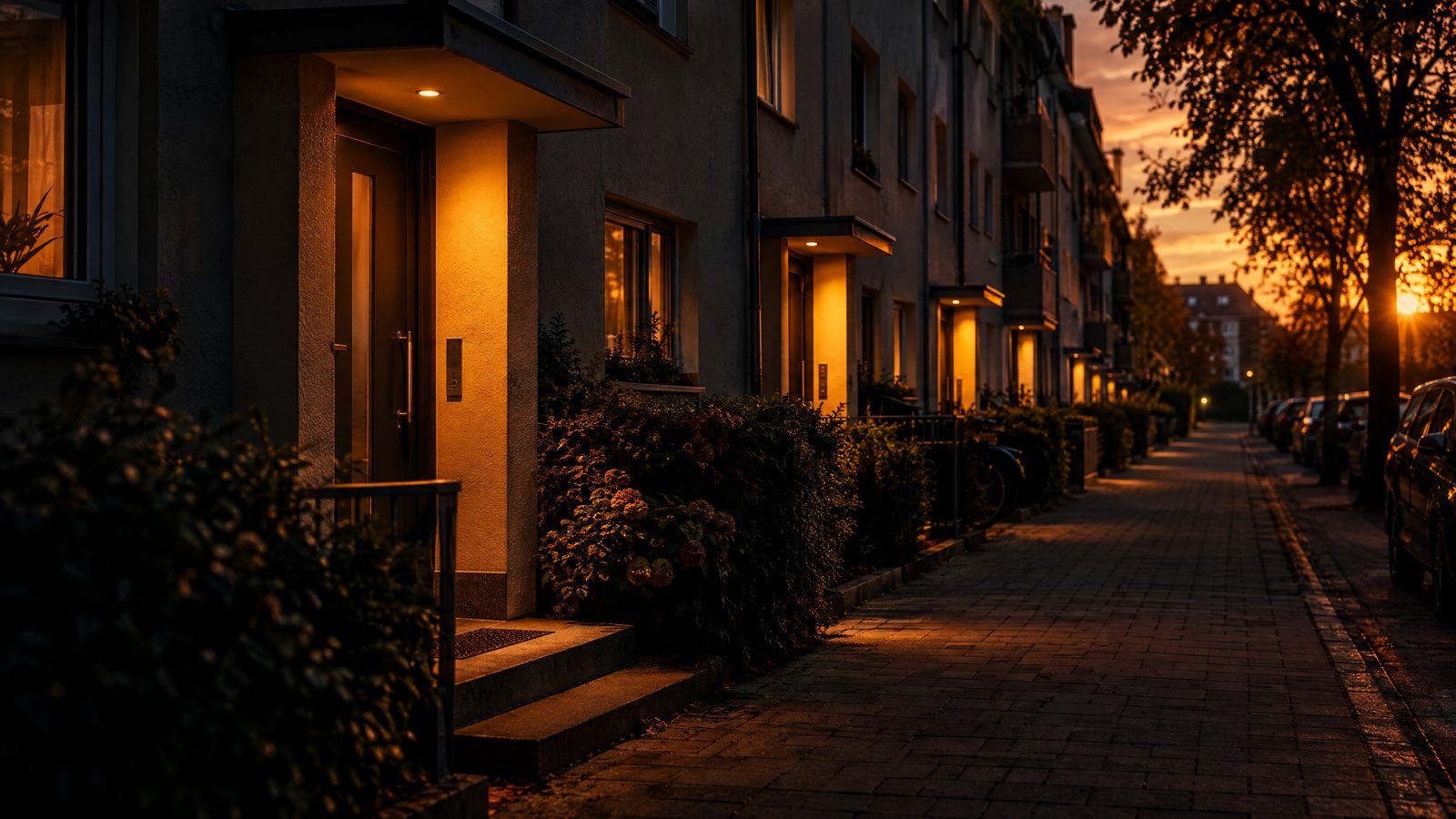 KI-generiertes Bild: Wohnstraße am frühen Abend mit beleuchteten Hauseingängen